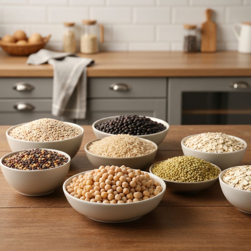 Verschiedene Getreide und Hülsenfrüchte in Schalen